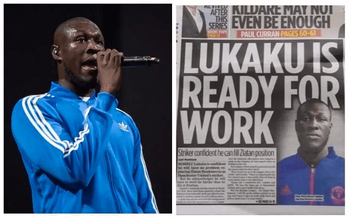 2 panel image of English rapper Stormzy and a news article that used his image mistakenly