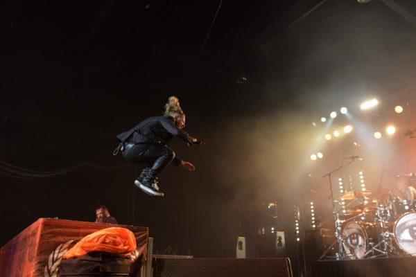 Corey Taylor mid-leap during Stone Sour's Hordern Pavilion set