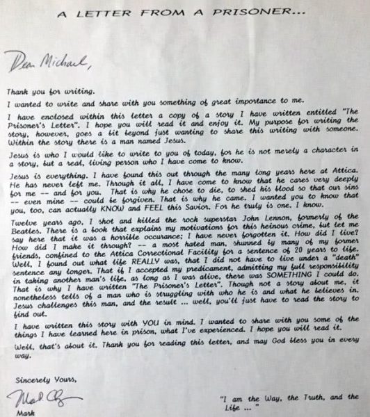 Mark Chapman letter