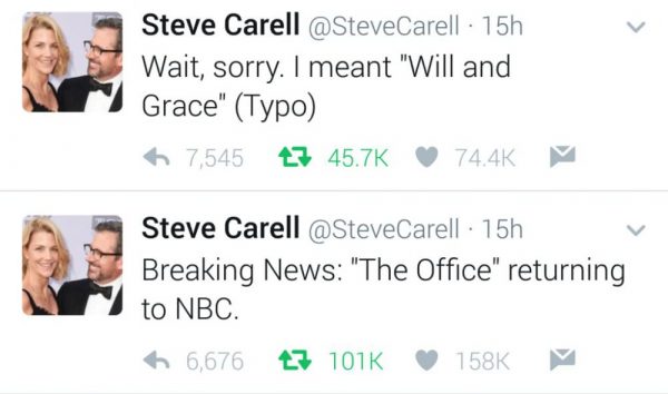 A Tweet from Steve Carell teasing the return of 'The Office'